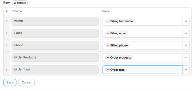 Preview of mapped fields