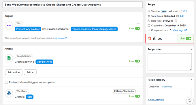 Save recipe in Uncanny Automator