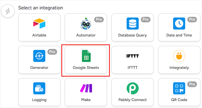 Select Google Sheets as the action integration