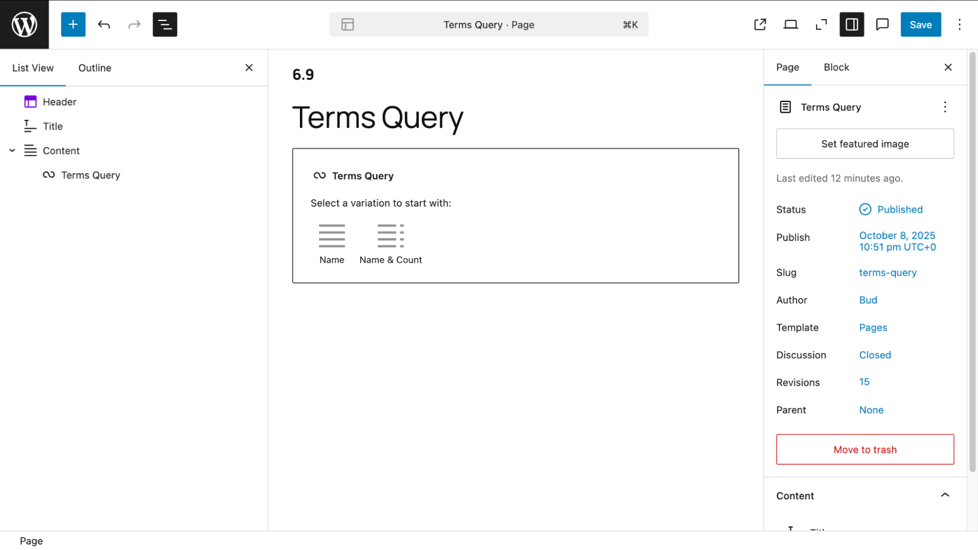 Terms Query block in the block editor, showing the starting prompt to select a variation to start with