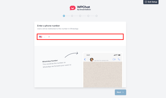 Entering a phone number to connect with WPChat