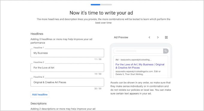 Google Ads wizard in MonsterInsihgts