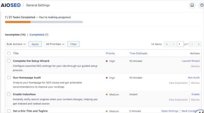 Actionable items in AIOSEO checklist