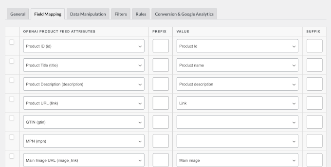 Map product data fields