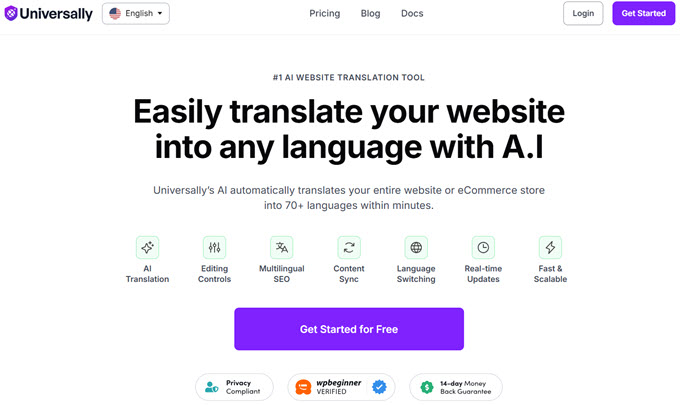 Universally AI website translation platform homepage
