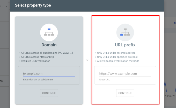 Select property type option in Google Search Console
