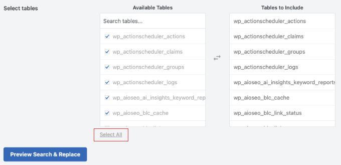 WP Search and Replace dry run results showing rows affected count