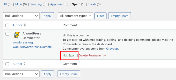 Marking a comment as Not Spam on WordPress