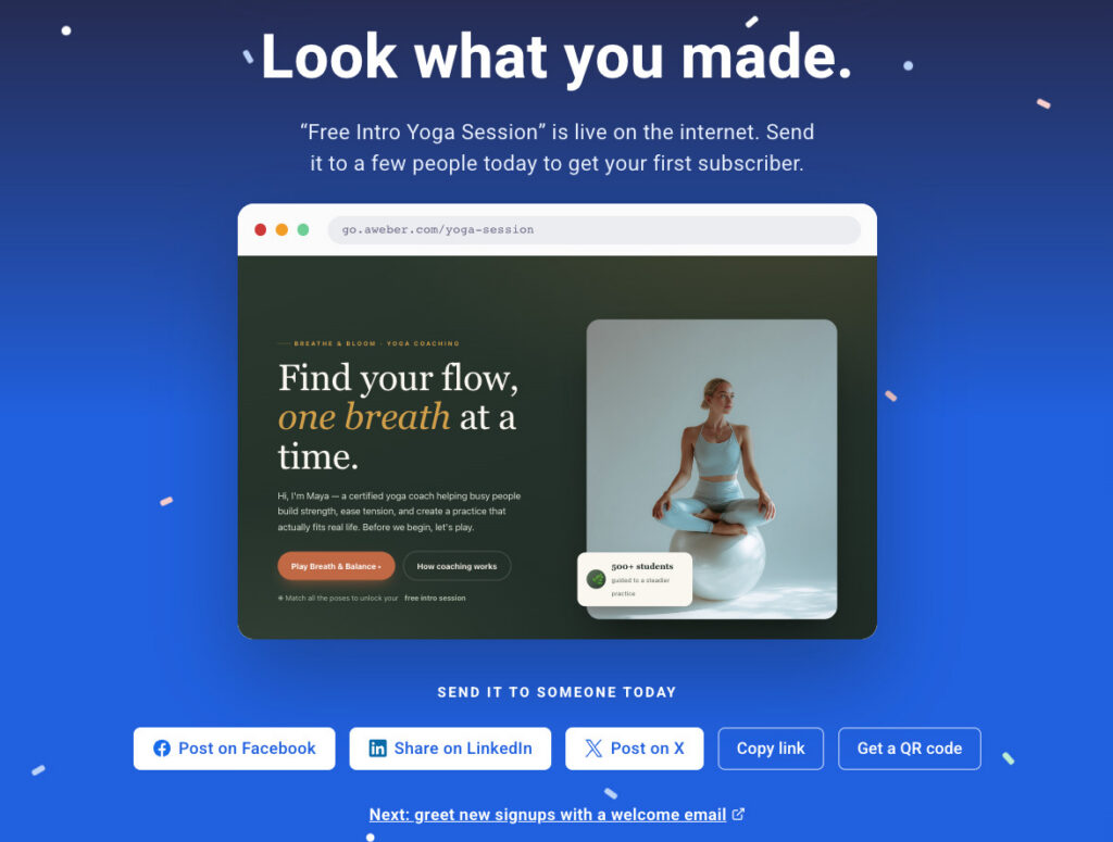 Publish landing page dashboard in AWeber